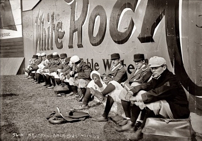 Opening Day, April 4, 1908 at Hilltop Park in New York City for the game between the  New York Highlanders and the Philadelphia Athletics of the American League. Note the uniforms are a bit different from today's uniforms. 