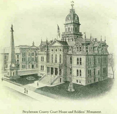 The Stephenson County Court House and Soldiers' Monument in 1873